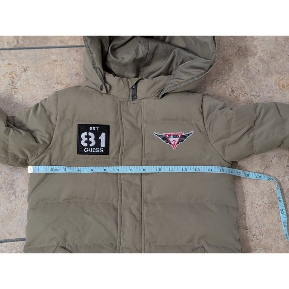 Guess Mid-Length Puffer Jacket Down Hooded Boys Sz 8 Patches Spellout - Picture 15 of 16